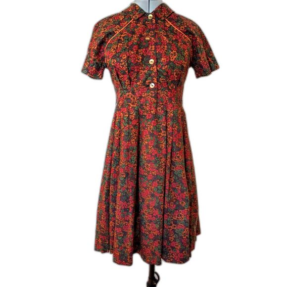 Lovely Vintage 50s Fall Floral Handmade Fit & Flare Shirtwaist Day Dress Sz 6/8 - Picture 1 of 11